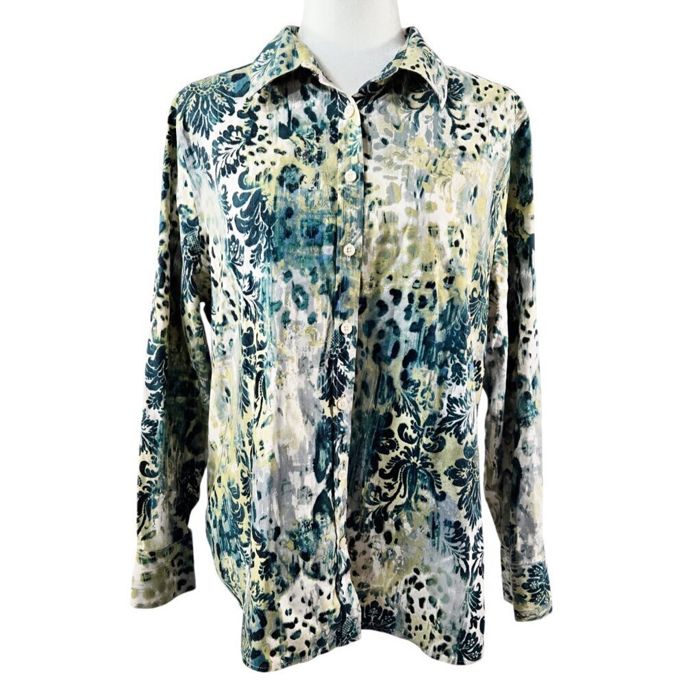 Chico's No Iron Mixed Print Leopard Paisley Button-Up Shirt Enchanted Forest